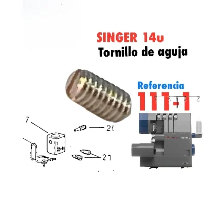 Needle screw for Singer 14U overlock sewing machine, metal replacement part for secure needle fastening.