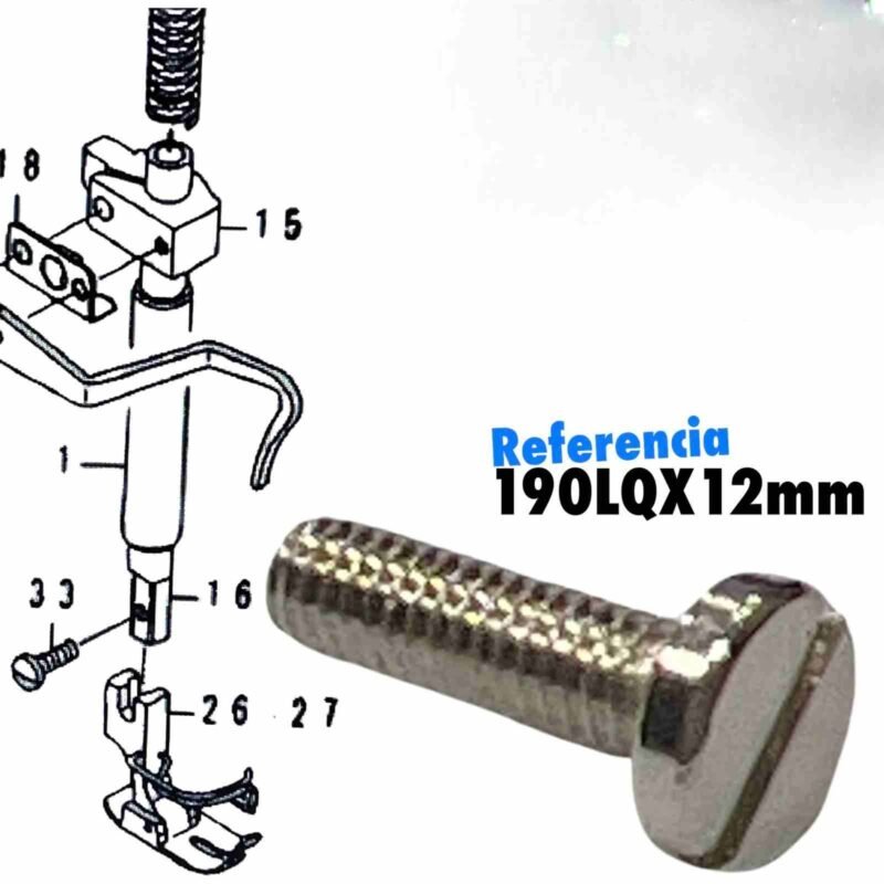 Tornillo prensatela largo plano 190LQX12MM para máquina de coser Juki, repuesto metálico de ajuste preciso y alta durabilidad.