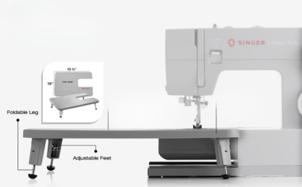 Mechanical extension table for SINGER Heavy Duty sewing machines, stable work surface with adjustable support legs.