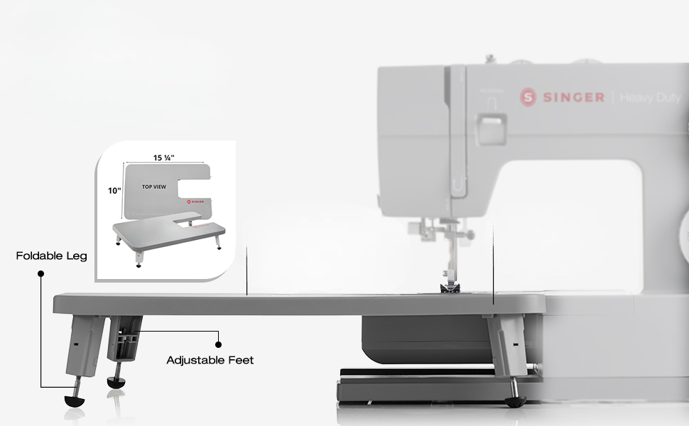 Mechanical extension table for SINGER Heavy Duty sewing machines, stable work surface with adjustable support legs.